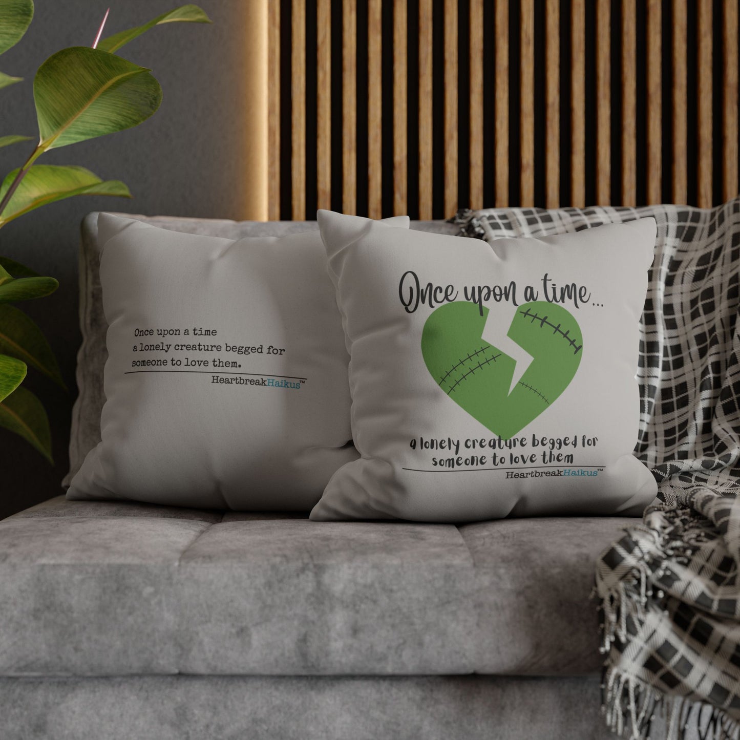 A Lonely Creature Begged Frankenstein Haiku - Faux Suede Square Pillowcase (in Light Grey)