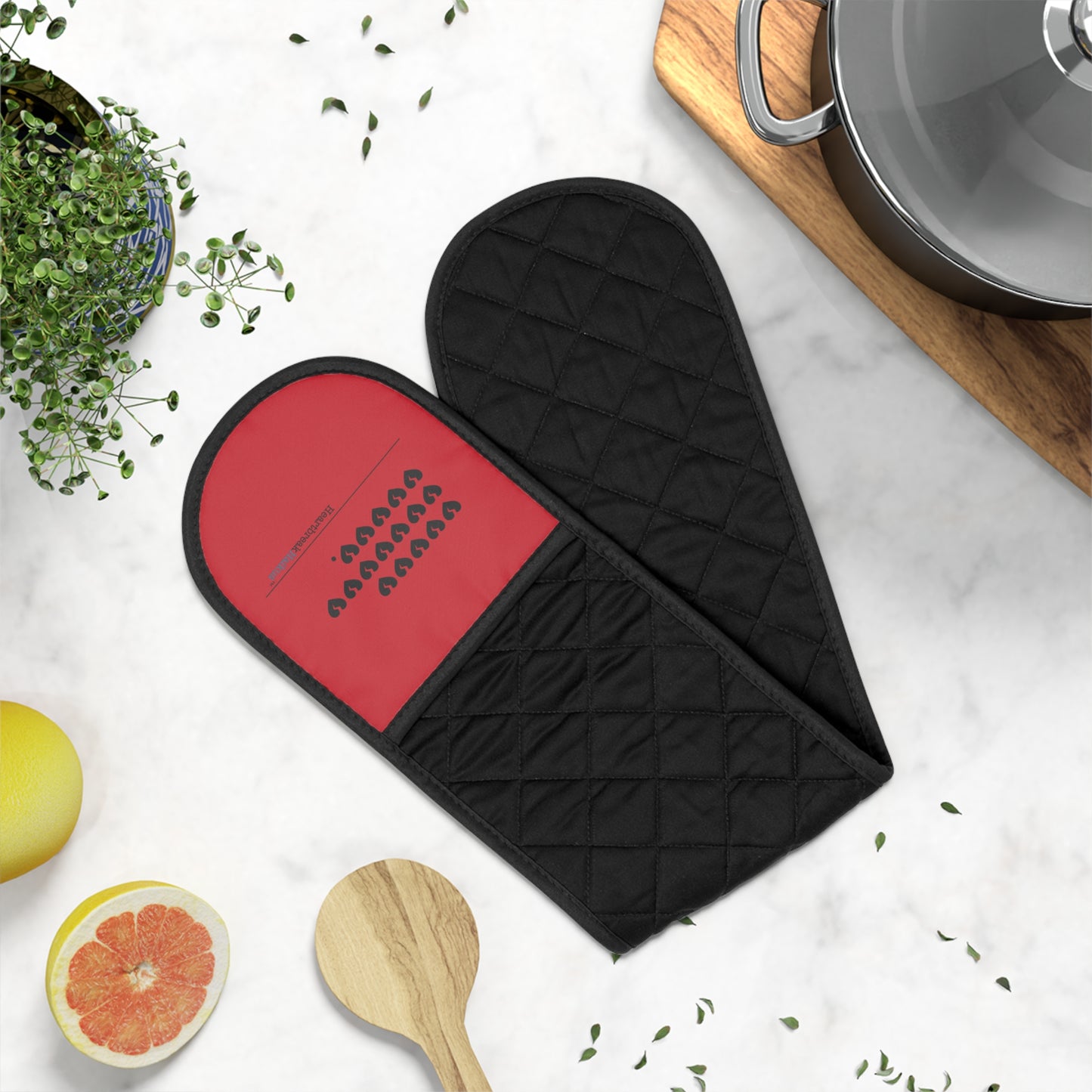 Hieroglyph Heartbreak Haiku. Connected Oven Mitts (Red)