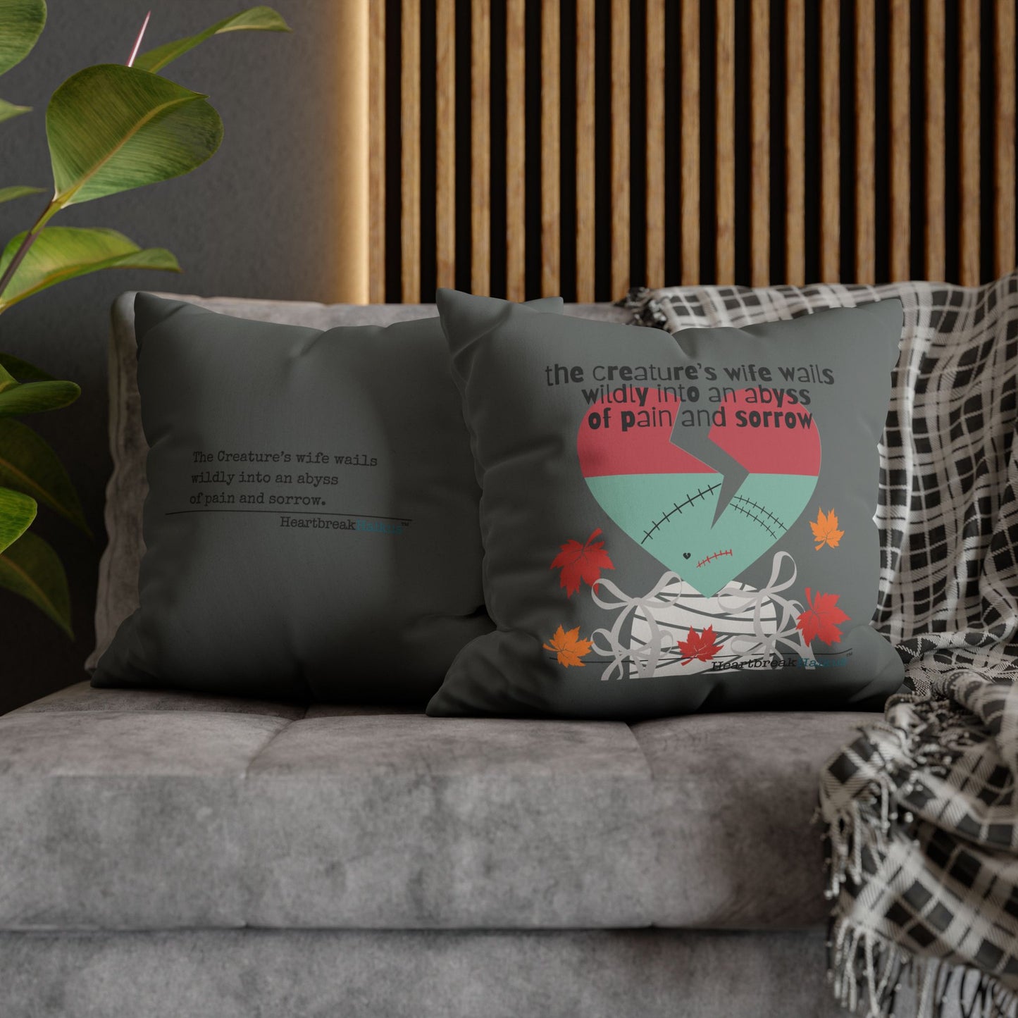 The Creature's Wife Wails Frankenstein Haiku - Faux Suede Square Pillowcase (in Moody Grey) - Frankenstein 2025 Makeover