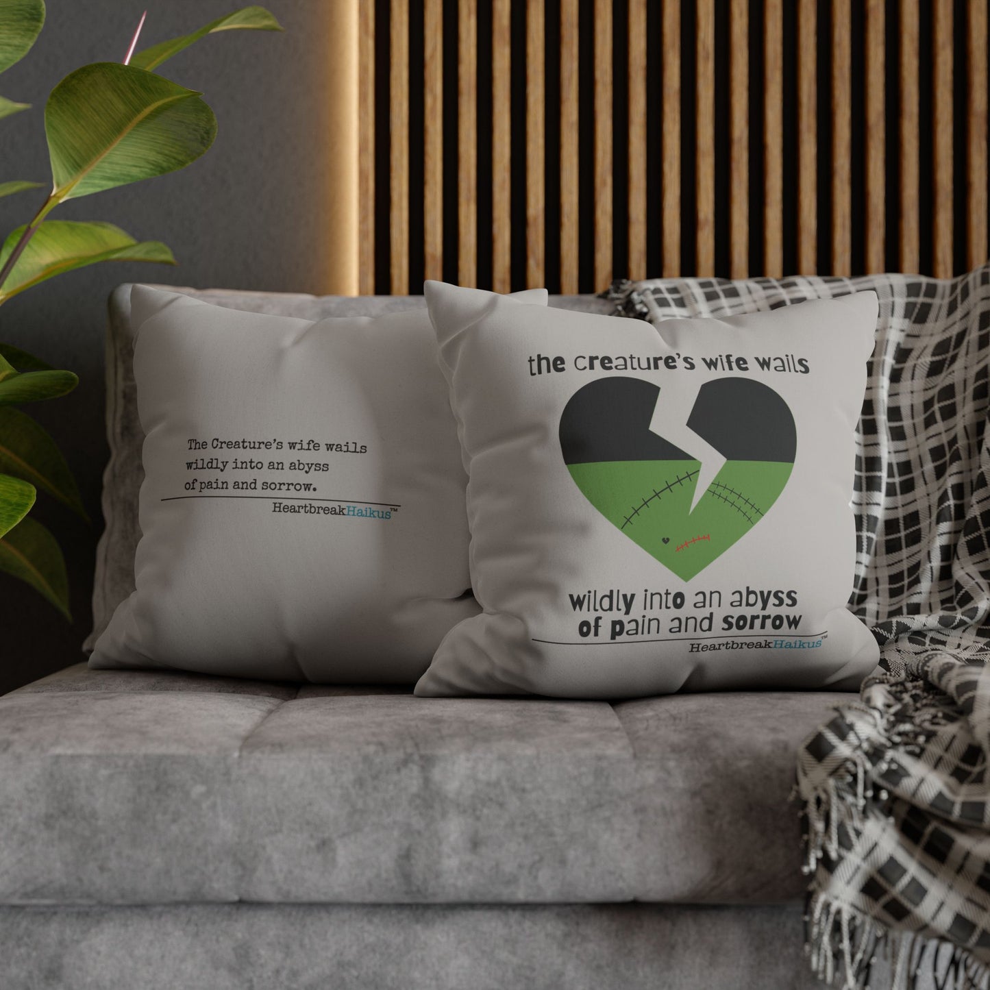 The Creature's Wife Wails Frankenstein Haiku - Faux Suede Square Pillowcase (in light grey)