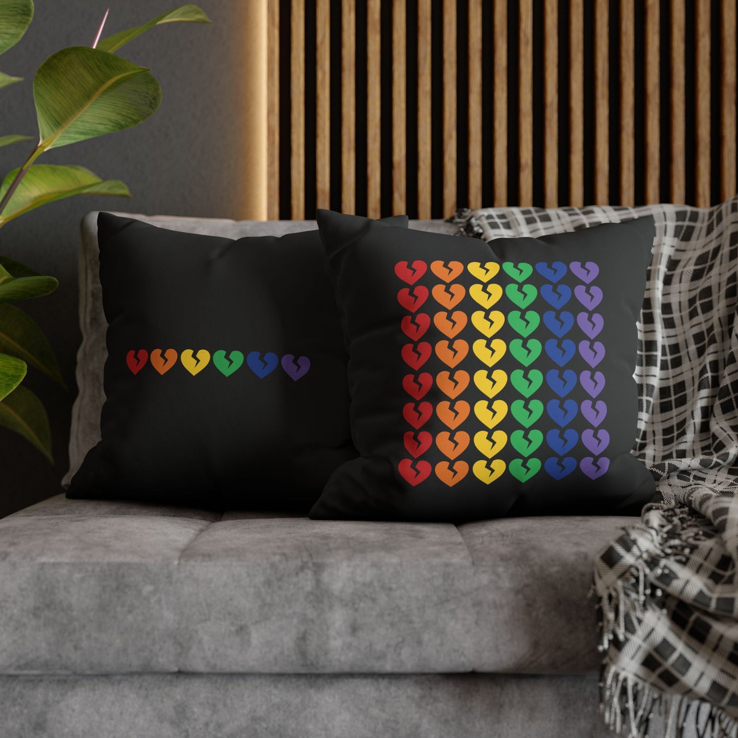 Rainbow Broken Hearts (on Midnight Black) - Faux Suede Square Pillowcase (Only Hearts Collection)