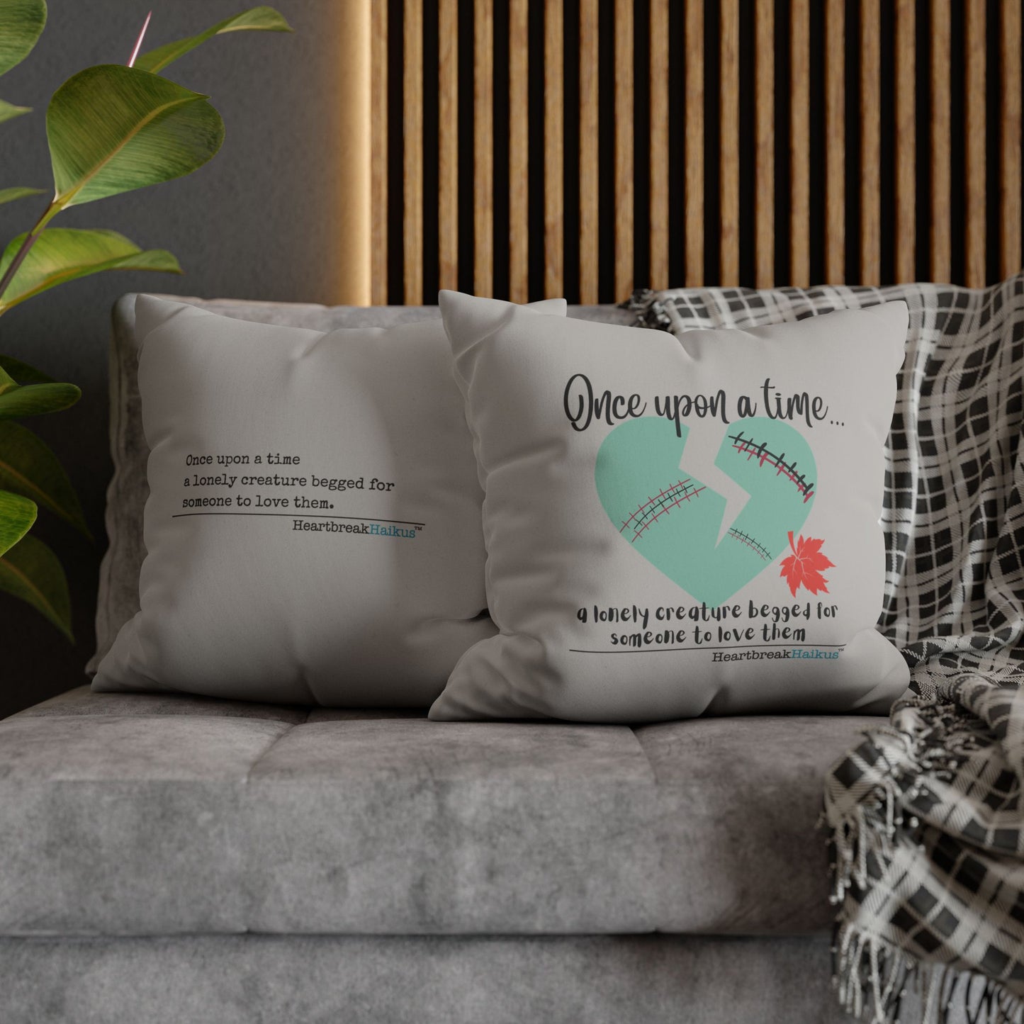 A Lonely Creature Begged Frankenstein Haiku - Faux Suede Square Pillowcase (in Light Grey) (Frankenstein 2025 Makeover)