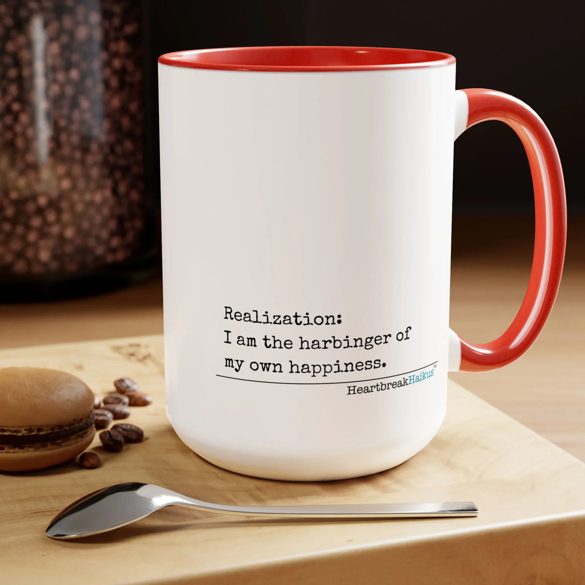 Harbinger of Happiness Haiku - Two-Tone Coffee Mug, 15oz, Text-Only
