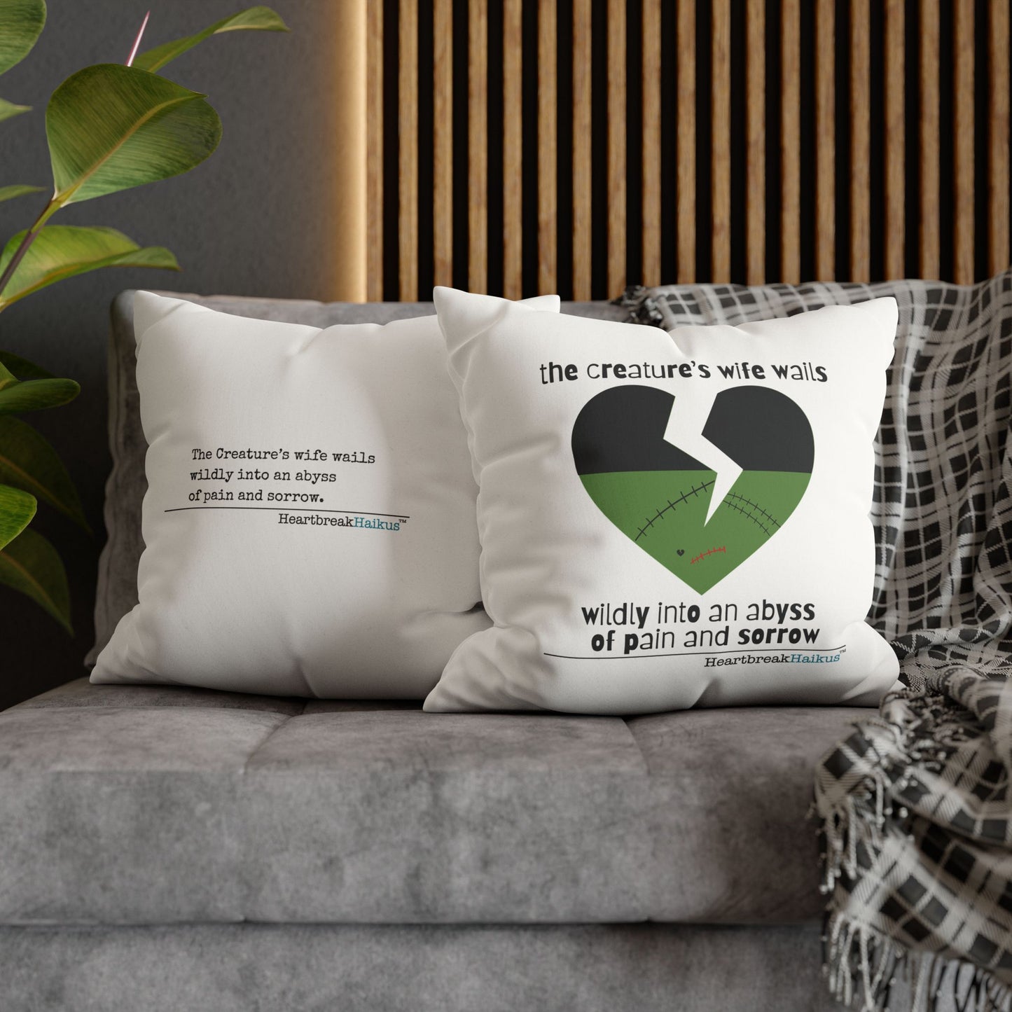 The Creature's Wife Wails Frankenstein Haiku - Faux Suede Square Pillowcase (in Snow White)