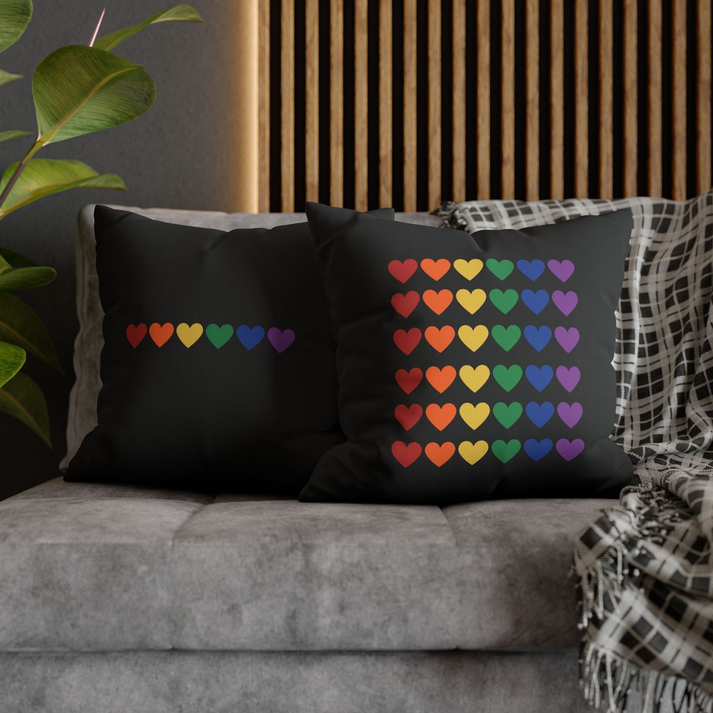 Rainbow Hearts on Black - Faux Suede Square Pillowcase (Only Hearts Collection)