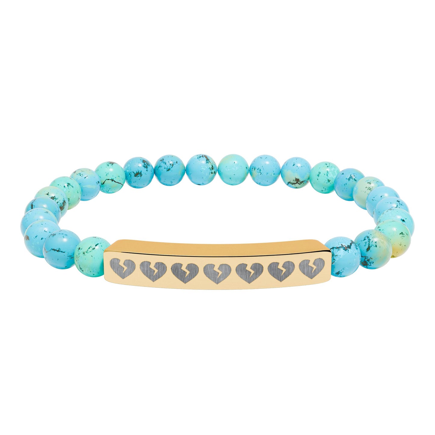Broken Hearts Engraved Natural Stone Bar Bracelet — Stretch Beaded Heart Accent (The Only Hearts Collection)