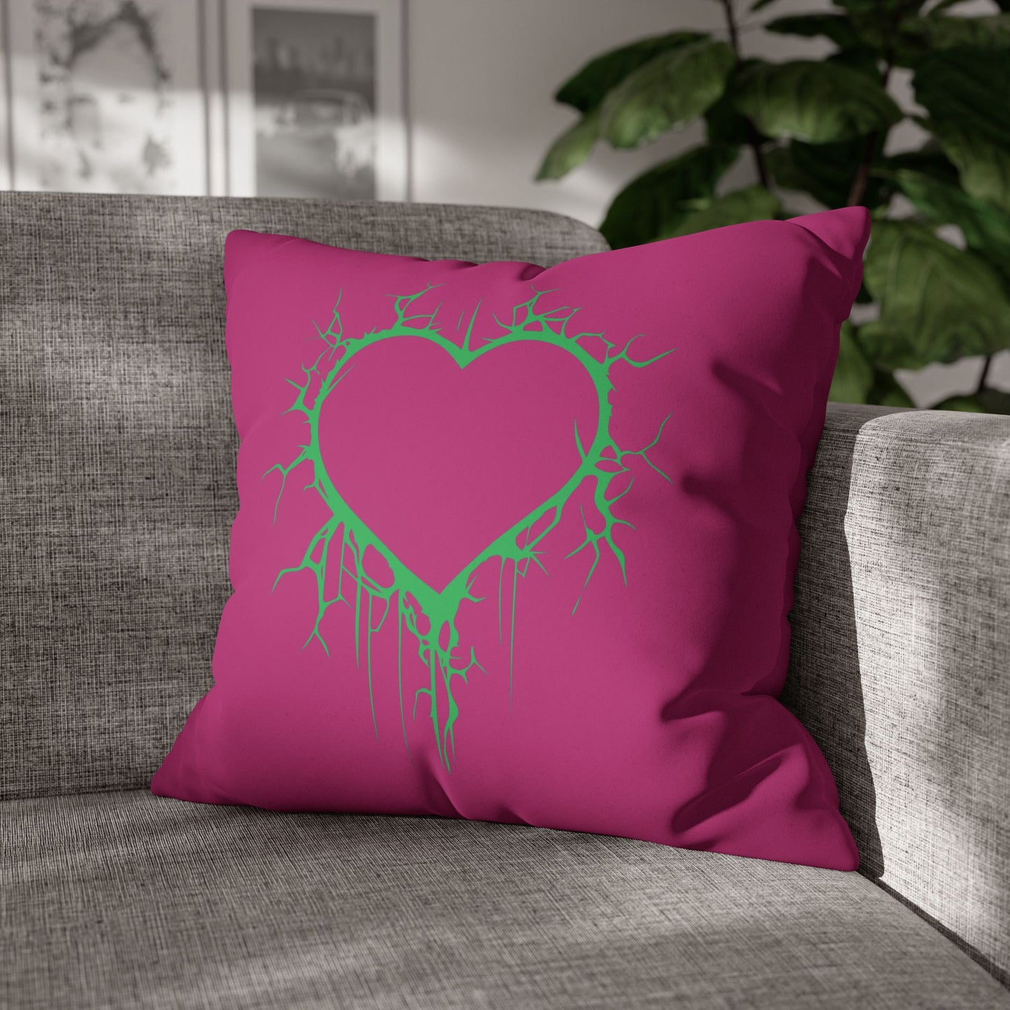 Lightning-Cracked Hearts - Faux Suede Square Pillowcase (in Pink and Wicked Green)