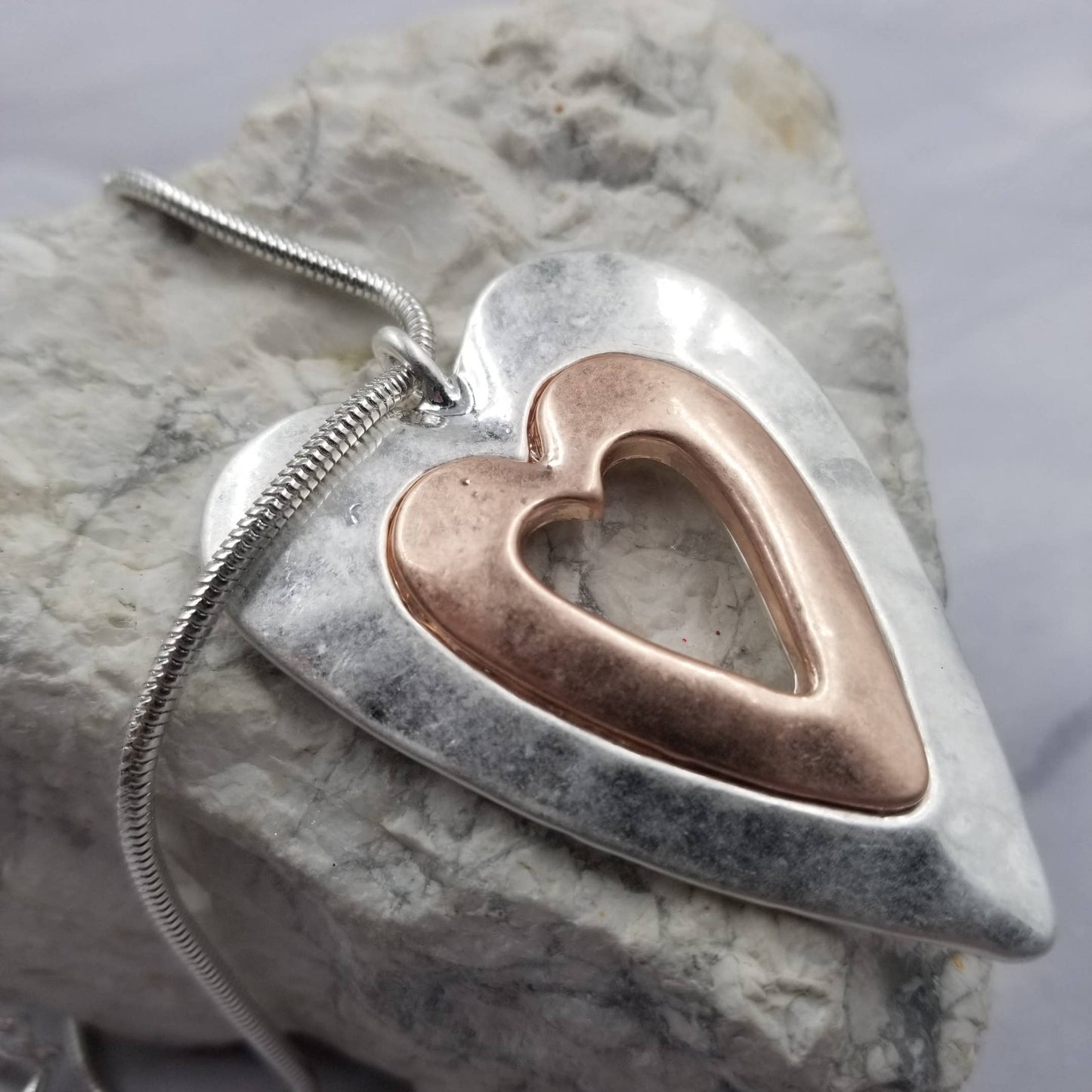 Mixed Metal Pewter and Rose Gold Heart Necklace