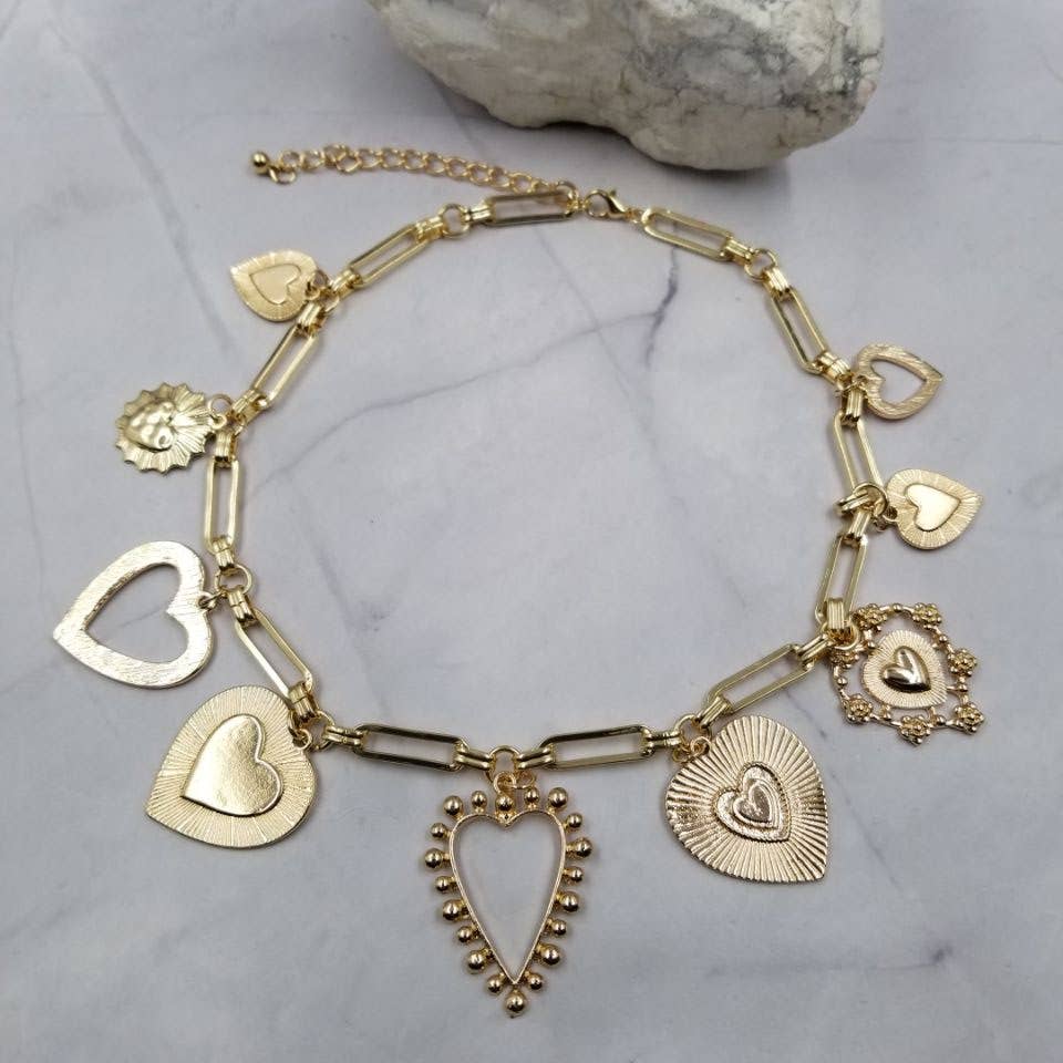 Paperclip Chain Multi-Heart Charm Necklace