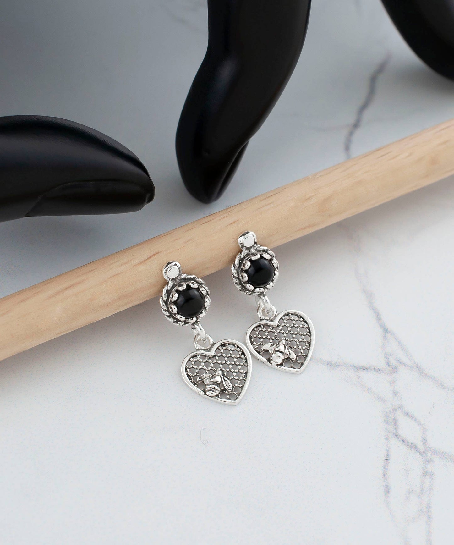 Bee on Honeycomb Heart Sterling Silver Gemstone Stud Earrings