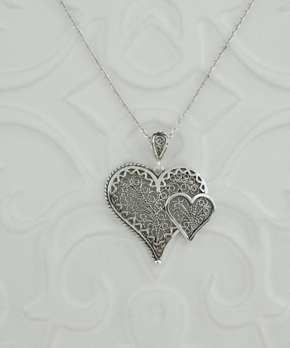 Sterling Silver Filigree Heart in Heart Pendant Necklace
