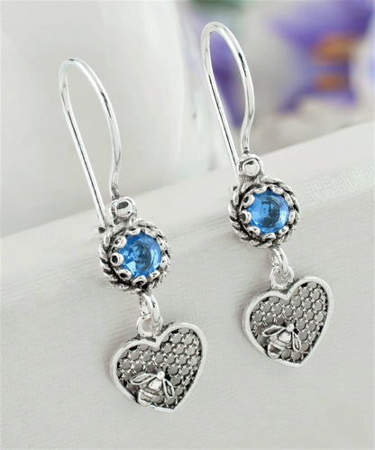 Bee on Honeycomb Heart - Gemstone Sterling Silver Dangle Drop Earrings