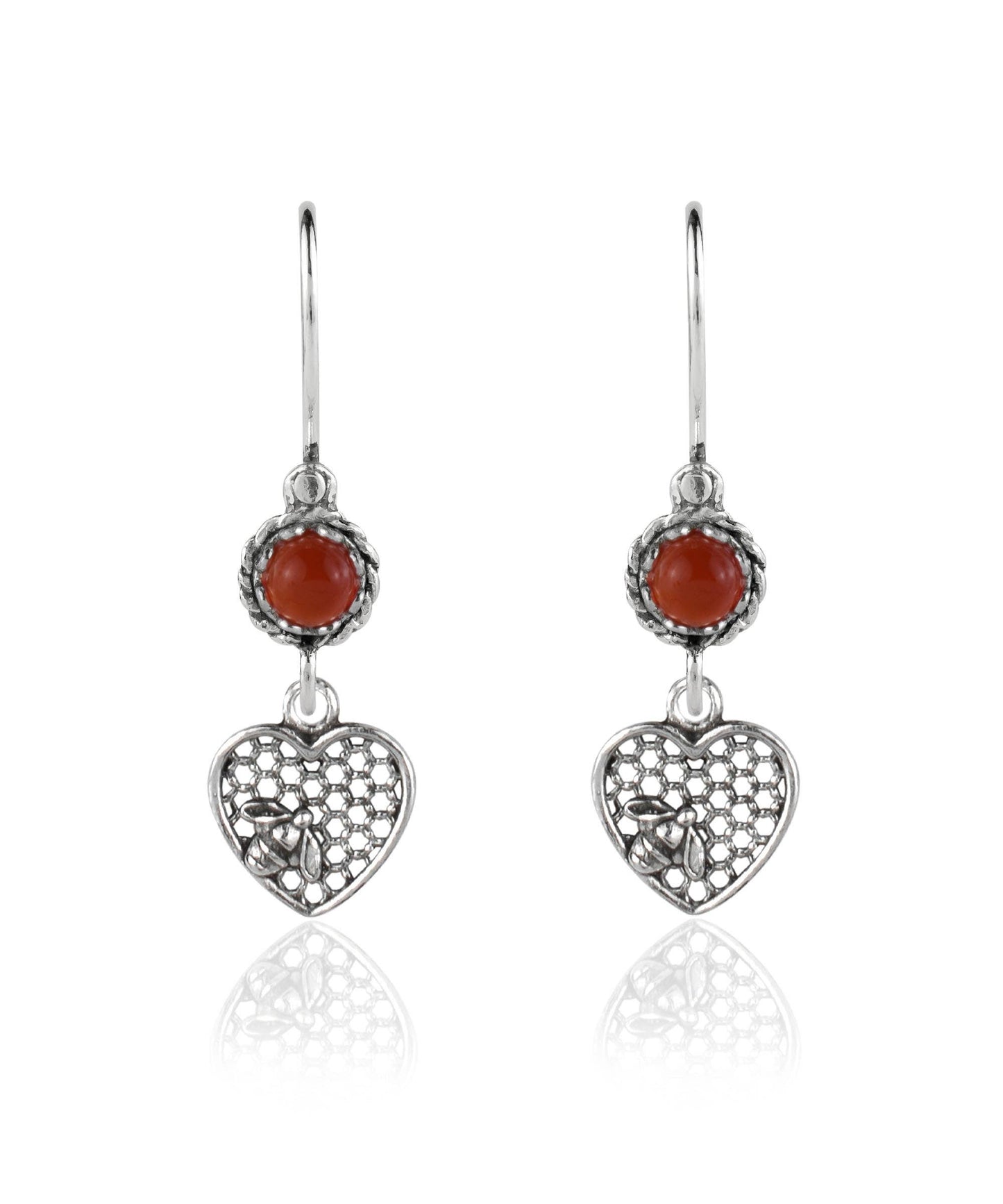 Bee on Honeycomb Heart - Gemstone Sterling Silver Dangle Drop Earrings