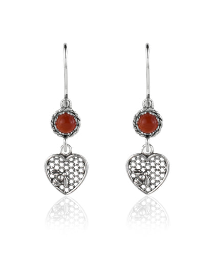 Bee on Honeycomb Heart - Gemstone Sterling Silver Dangle Drop Earrings