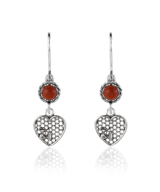 Bee on Honeycomb Heart - Gemstone Sterling Silver Dangle Drop Earrings