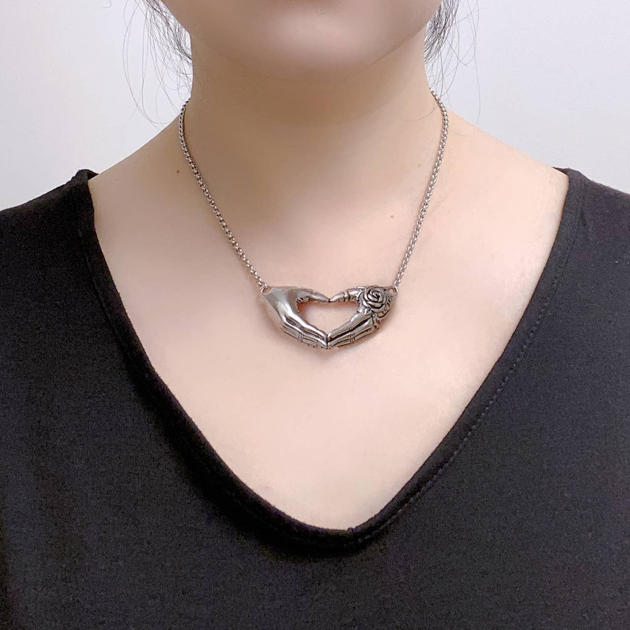 Friendship with a Rose Tattoo Heart-Hand Necklace