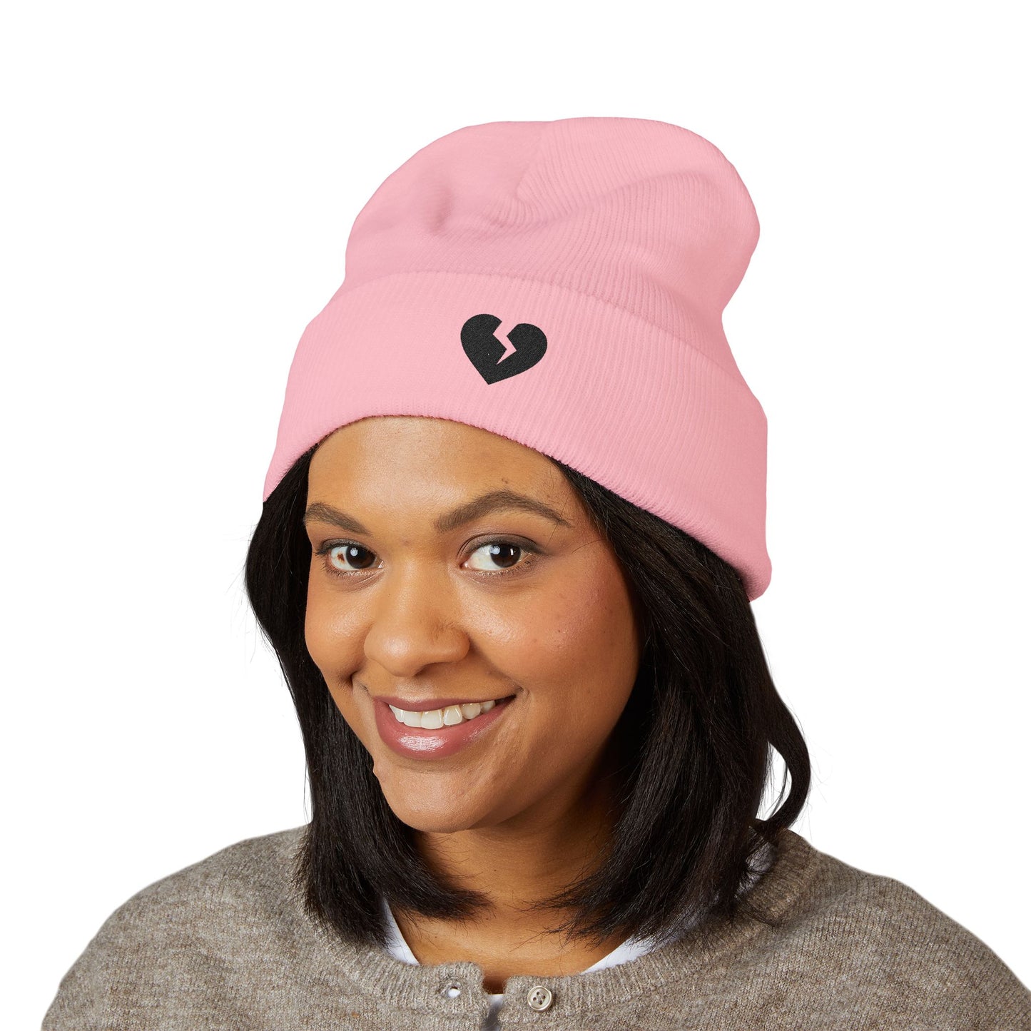 Embroidered Broken Heart Cuffed Beanie — Black-Heart Minimalist Knit Hat