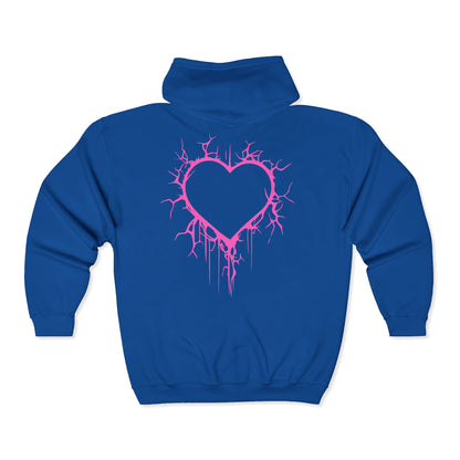 Lightning-Cracked Hollow Heart Zip Hoodie — Alternative/Goth/Punk Bleeding Heart Full‑Zip Sweatshirt in Electric Pink (The Only Hearts Collection)