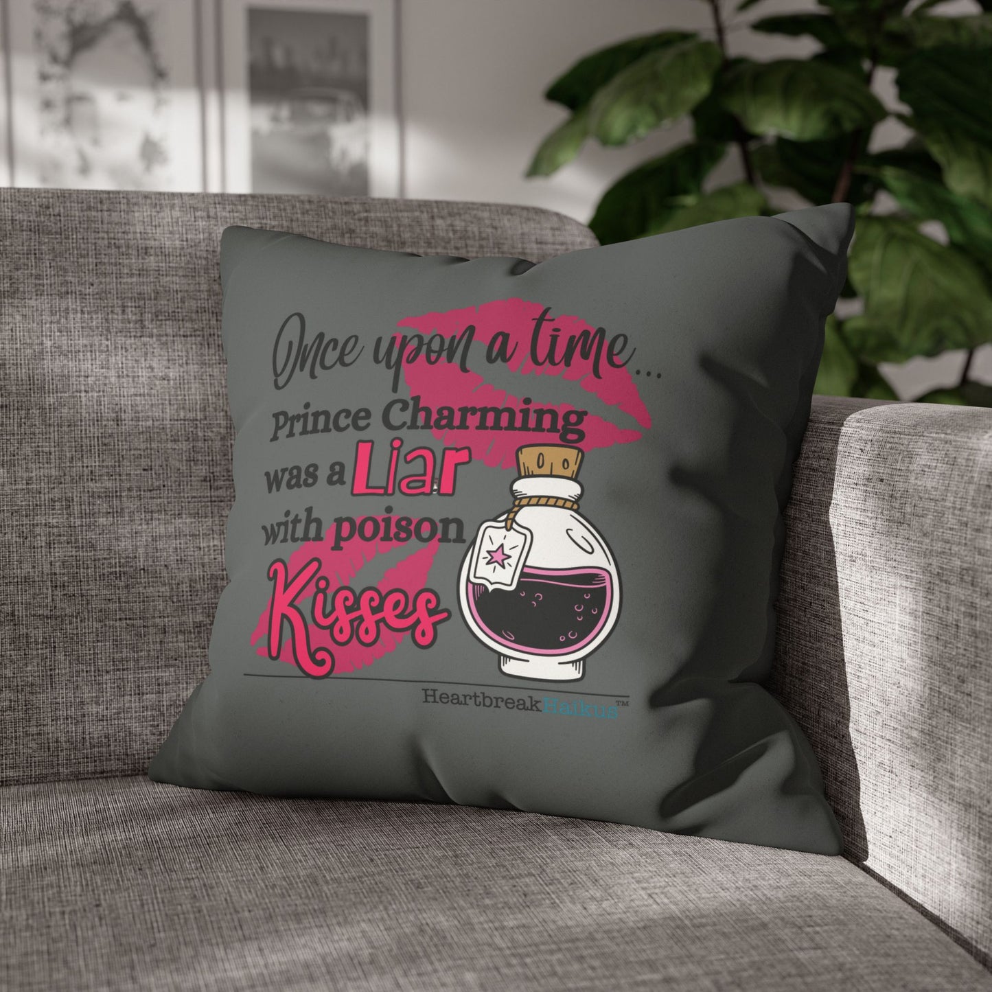 Prince Charming's Poison Kisses - Faux Suede Square Pillowcase (in Moody Grey)