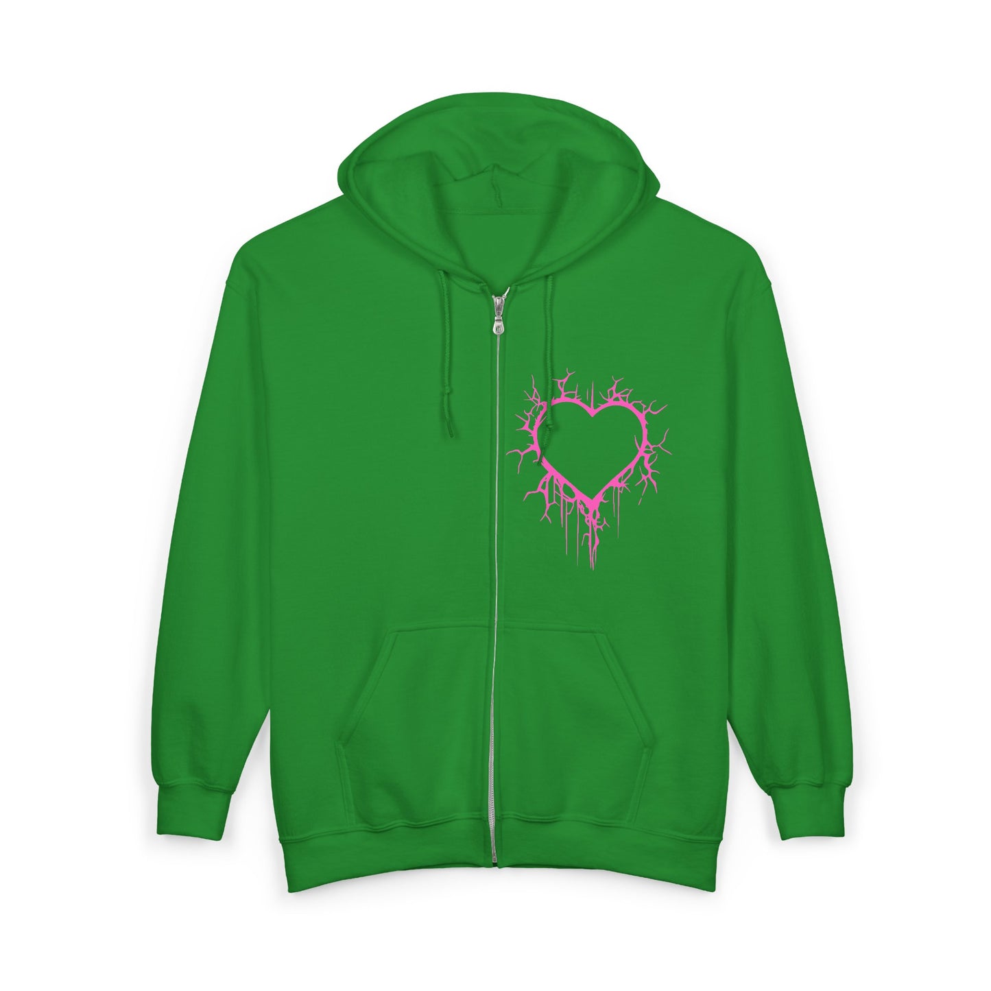 Lightning-Cracked Hollow Heart Zip Hoodie — Alternative/Goth/Punk Bleeding Heart Full‑Zip Sweatshirt in Electric Pink (The Only Hearts Collection)