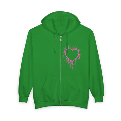 Lightning-Cracked Hollow Heart Zip Hoodie — Alternative/Goth/Punk Bleeding Heart Full‑Zip Sweatshirt in Electric Pink (The Only Hearts Collection)