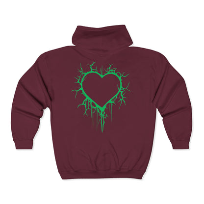 Lightning-Cracked Hollow Heart Zip Hoodie (in Electric Wicked Green) - (The Only Hearts Collection)