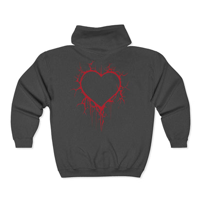 Cracked Hollow Heart Zip Hoodie — Alternative/Goth/Punk Bleeding Heart Full‑Zip Sweatshirt (The Only Hearts Collection)