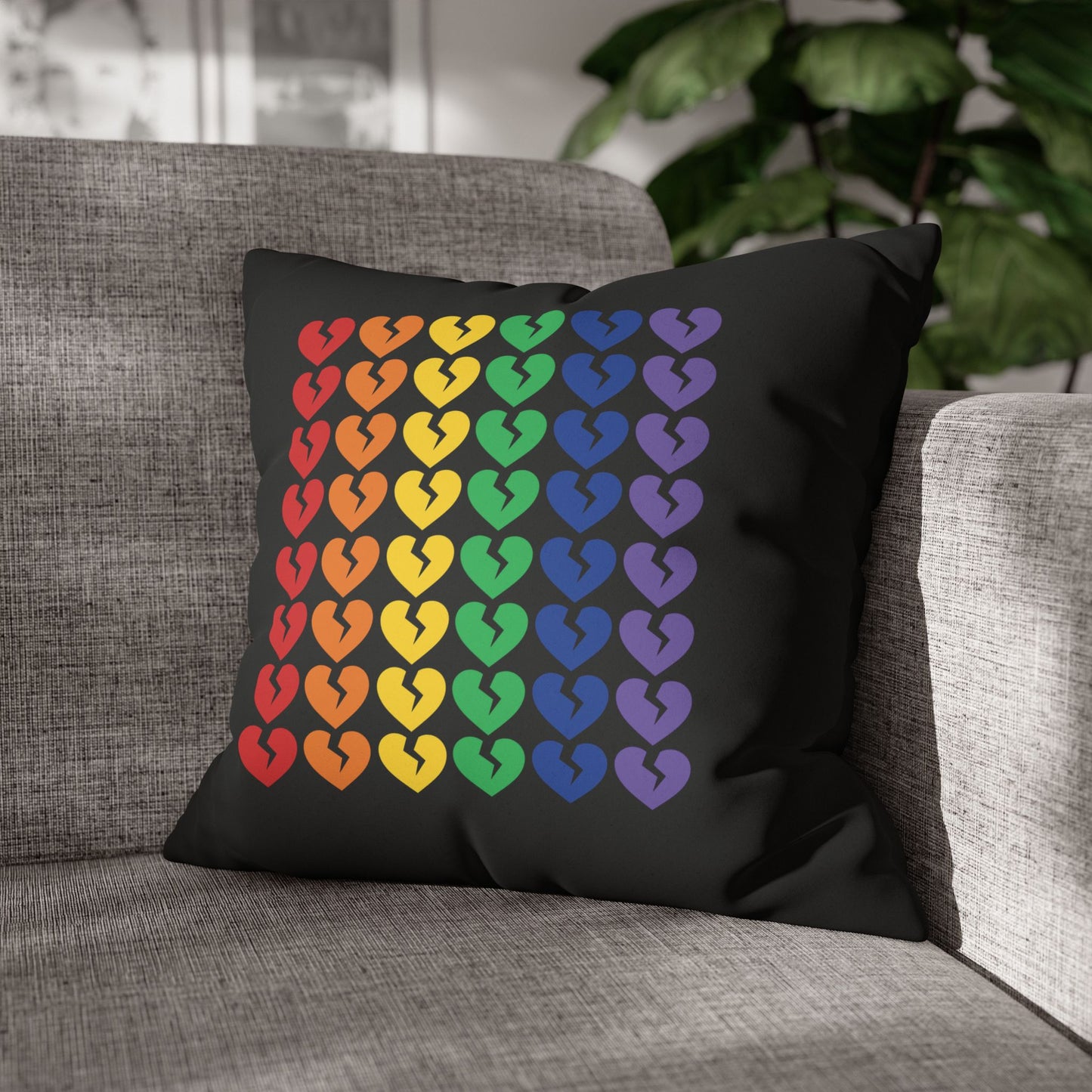 Rainbow Broken Hearts (on Midnight Black) - Faux Suede Square Pillowcase (Only Hearts Collection)