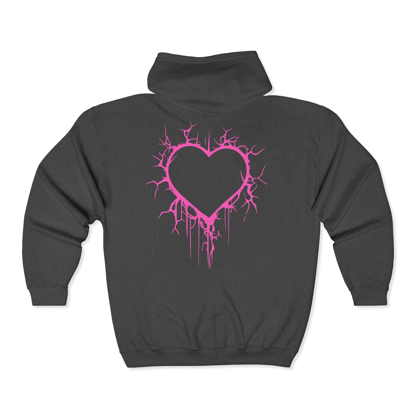 Lightning-Cracked Hollow Heart Zip Hoodie — Alternative/Goth/Punk Bleeding Heart Full‑Zip Sweatshirt in Electric Pink (The Only Hearts Collection)