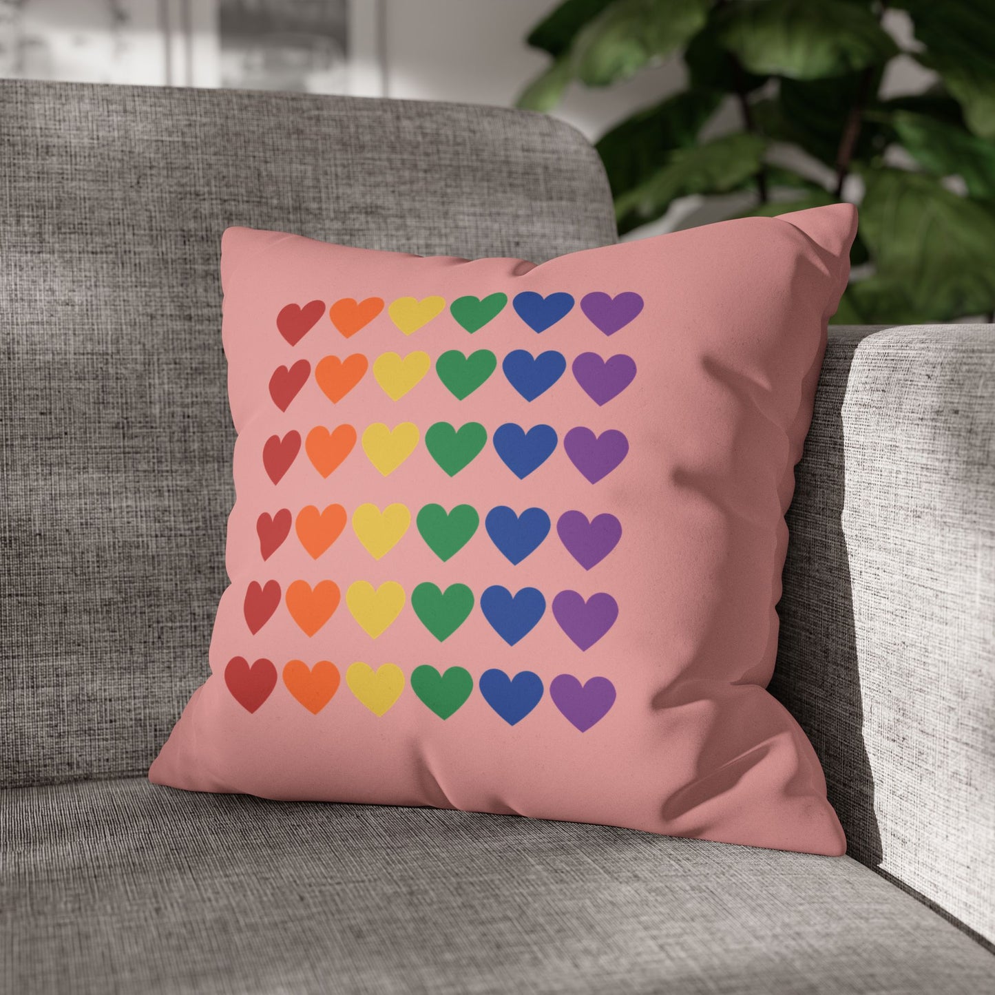 Rainbow Hearts on Pink - Faux Suede Square Pillowcase (Only Hearts Collection)