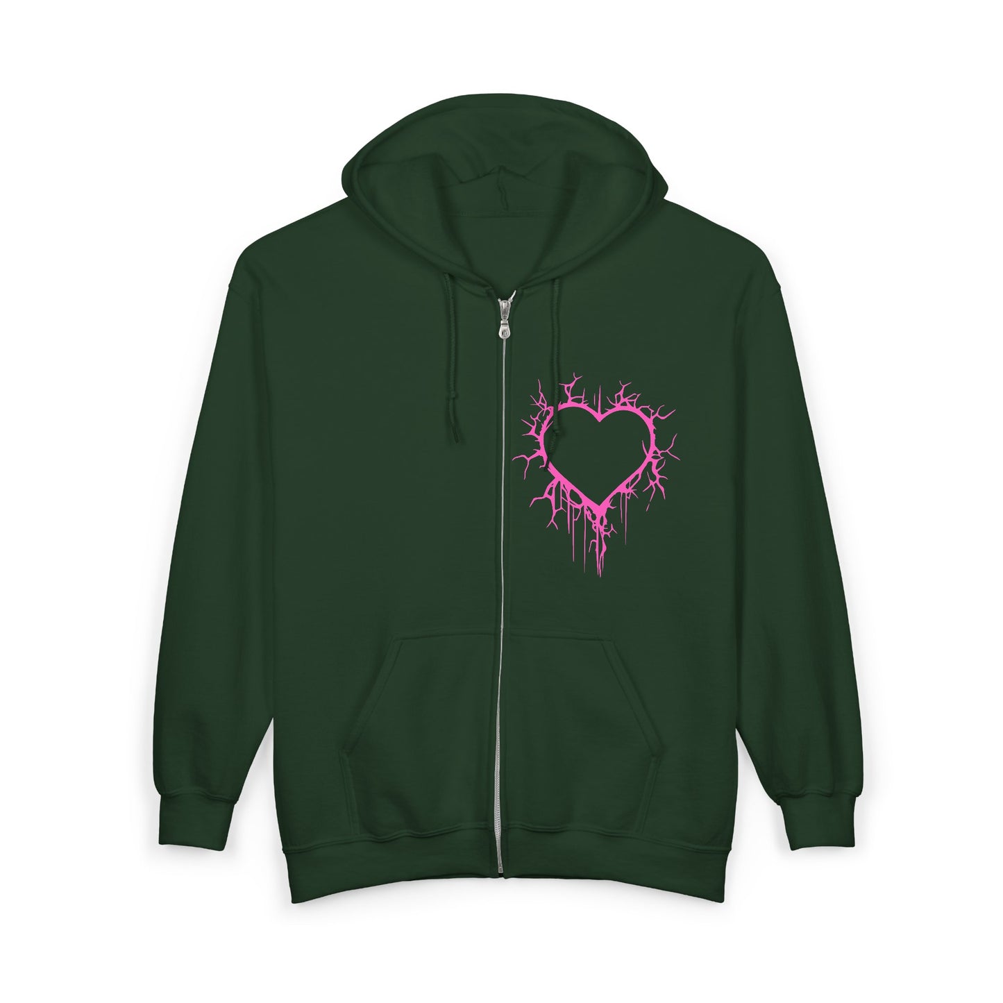 Lightning-Cracked Hollow Heart Zip Hoodie — Alternative/Goth/Punk Bleeding Heart Full‑Zip Sweatshirt in Electric Pink (The Only Hearts Collection)