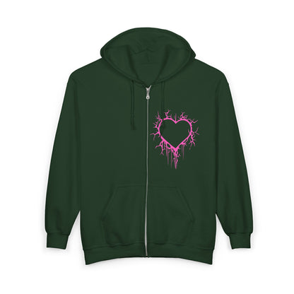 Lightning-Cracked Hollow Heart Zip Hoodie — Alternative/Goth/Punk Bleeding Heart Full‑Zip Sweatshirt in Electric Pink (The Only Hearts Collection)