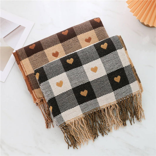 Plaid Scarf - Heart Colorblock Tassel Winter Scarf or Shawl