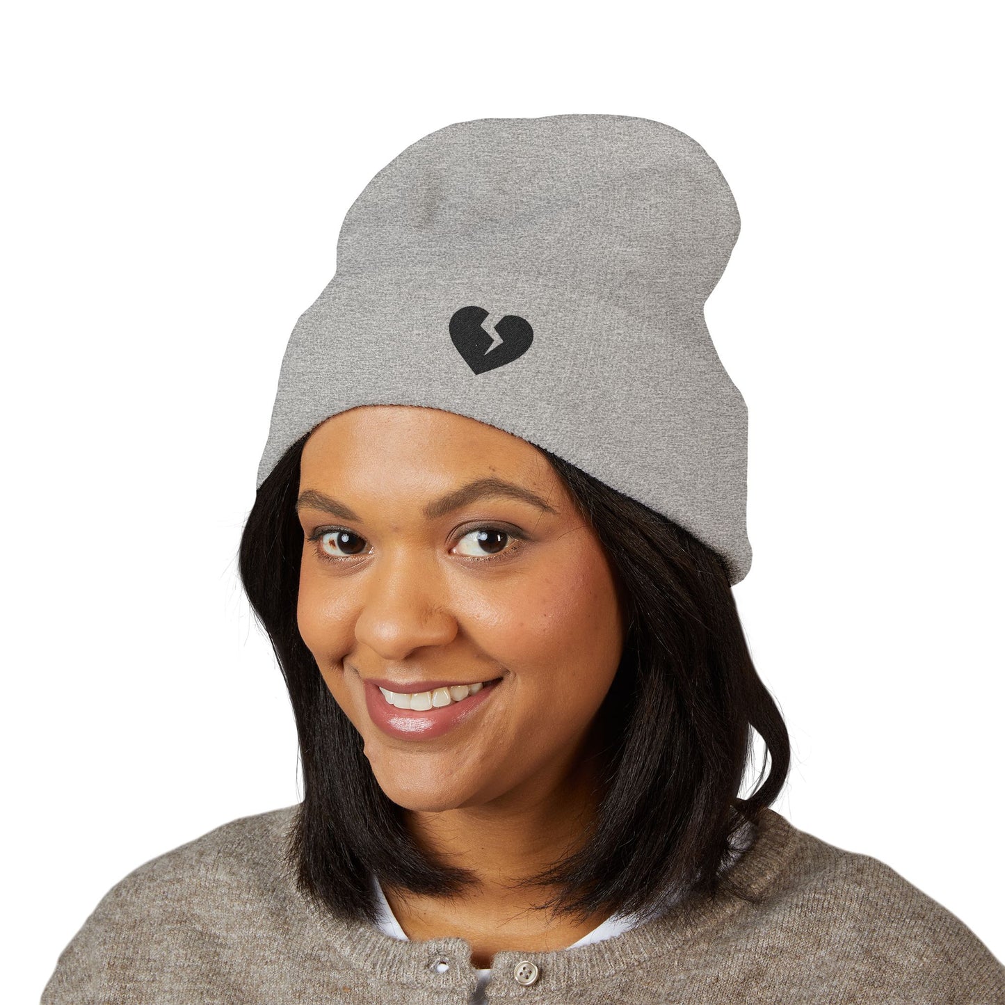 Embroidered Broken Heart Cuffed Beanie — Black-Heart Minimalist Knit Hat