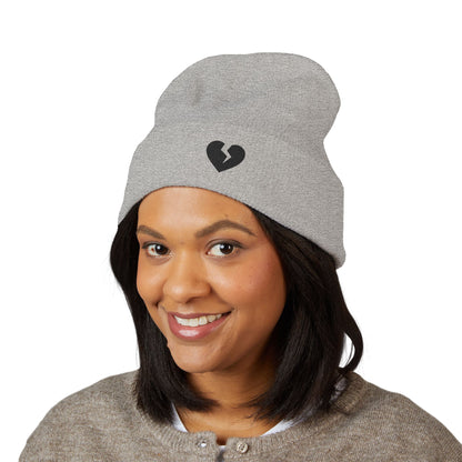 Embroidered Broken Heart Cuffed Beanie — Black-Heart Minimalist Knit Hat