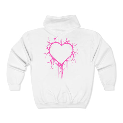 Lightning-Cracked Hollow Heart Zip Hoodie — Alternative/Goth/Punk Bleeding Heart Full‑Zip Sweatshirt in Electric Pink (The Only Hearts Collection)