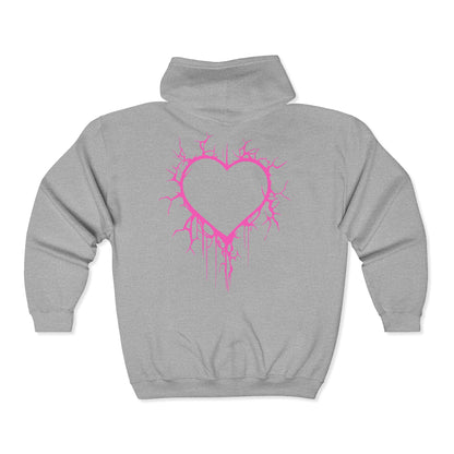 Lightning-Cracked Hollow Heart Zip Hoodie — Alternative/Goth/Punk Bleeding Heart Full‑Zip Sweatshirt in Electric Pink (The Only Hearts Collection)