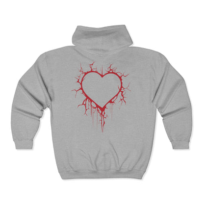 Cracked Hollow Heart Zip Hoodie — Alternative/Goth/Punk Bleeding Heart Full‑Zip Sweatshirt (The Only Hearts Collection)