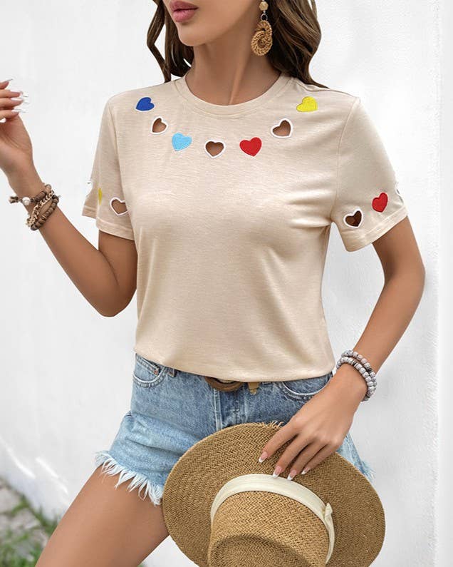 Embroidered and Hollow-Heart Short-Sleeved T-Shirt