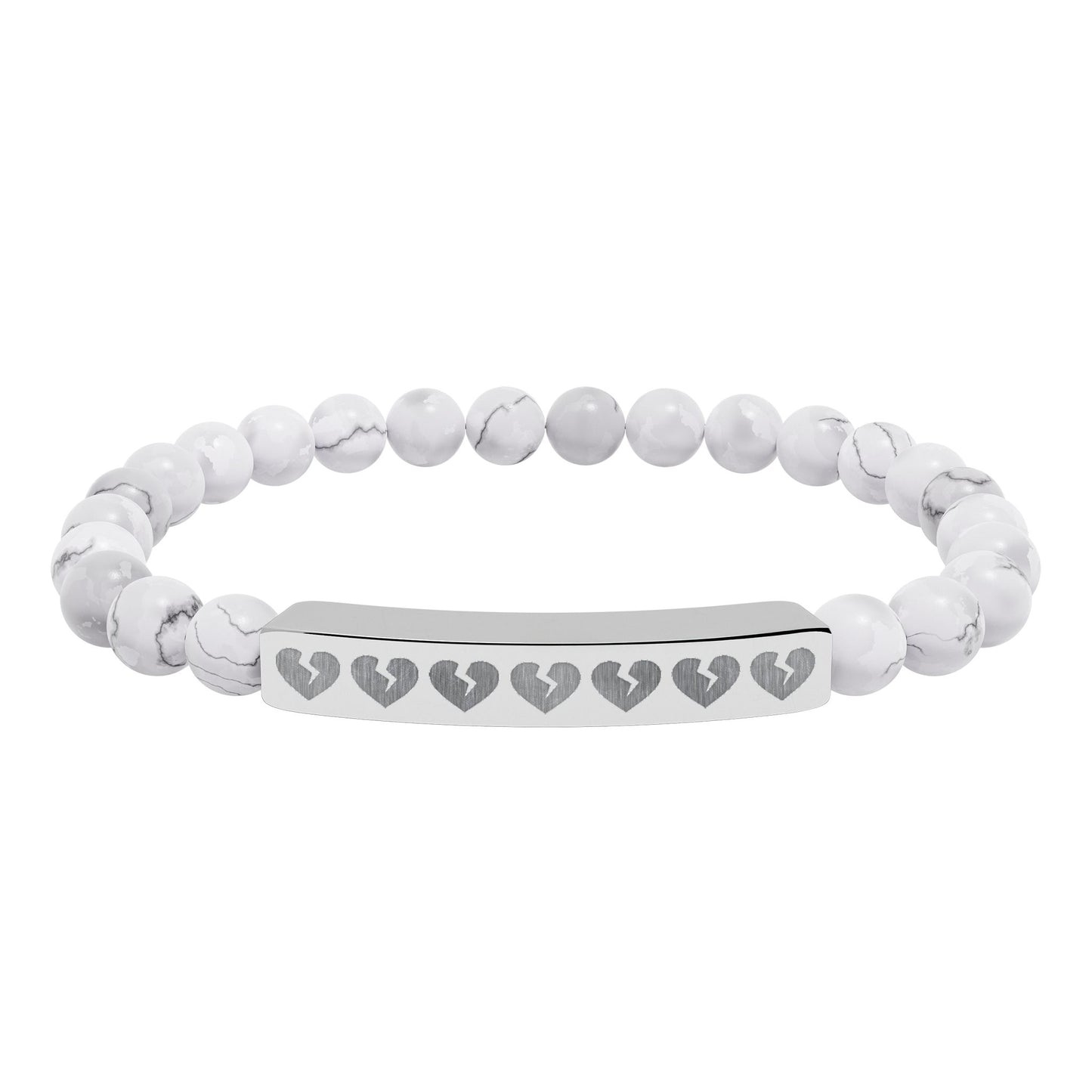 Broken Hearts Engraved Natural Stone Bar Bracelet — Stretch Beaded Heart Accent (The Only Hearts Collection)
