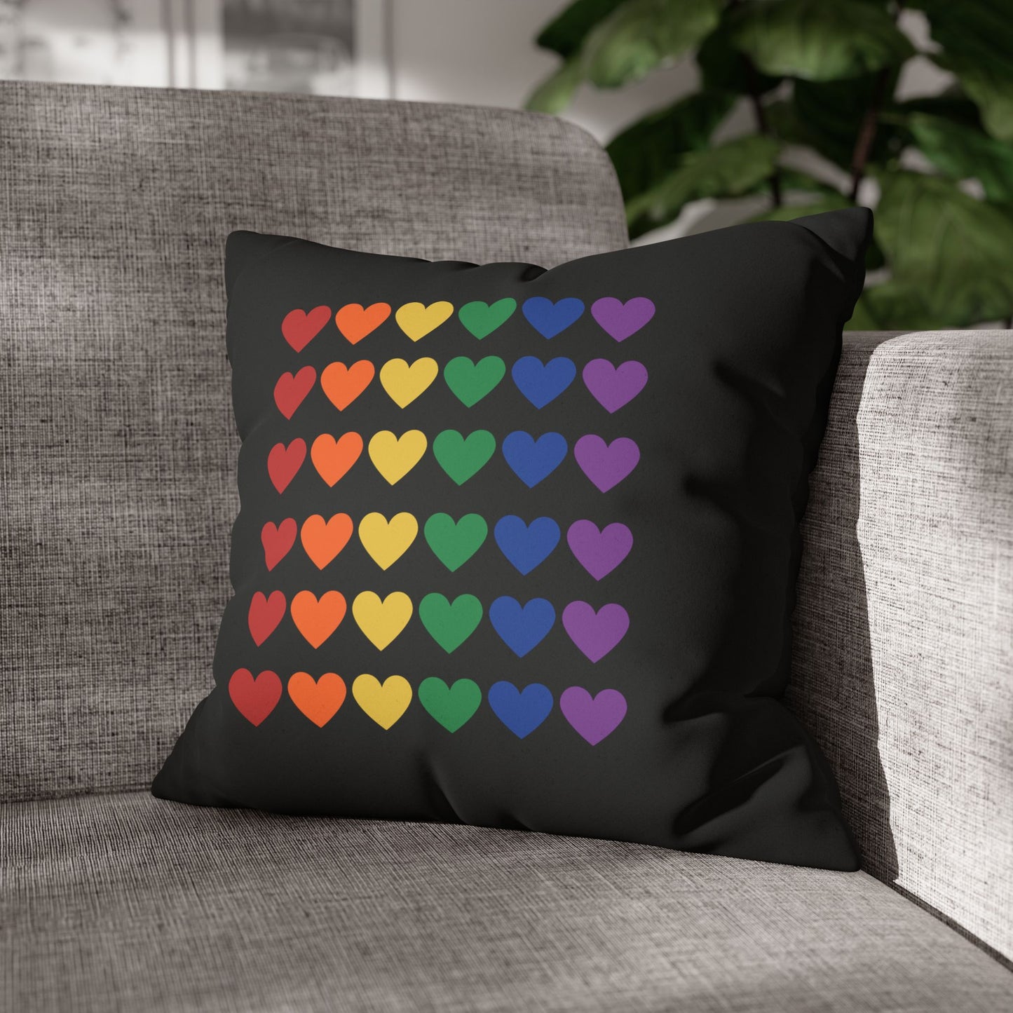 Rainbow Hearts on Black - Faux Suede Square Pillowcase (Only Hearts Collection)