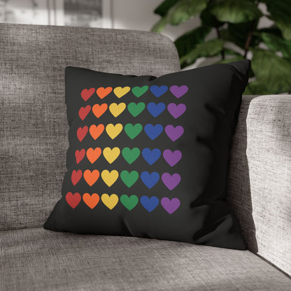 Rainbow Hearts on Black - Faux Suede Square Pillowcase (Only Hearts Collection)