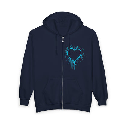 Lightning-Cracked Hollow Heart Zip Hoodie (in Electric Blue) - (The Only Hearts Collection)