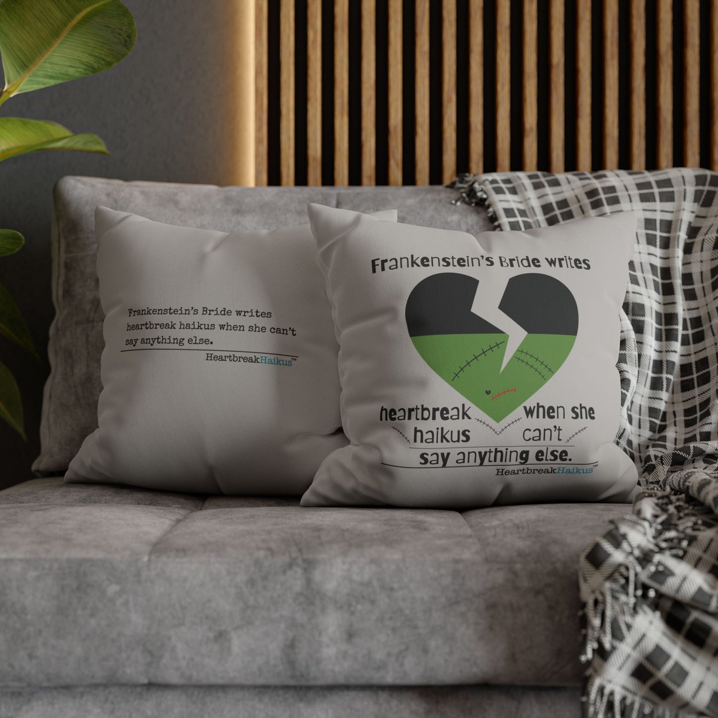 Frankenstein's Bride Writes Heartbreak Haikus - Faux Suede Square Pillowcase (in light grey)
