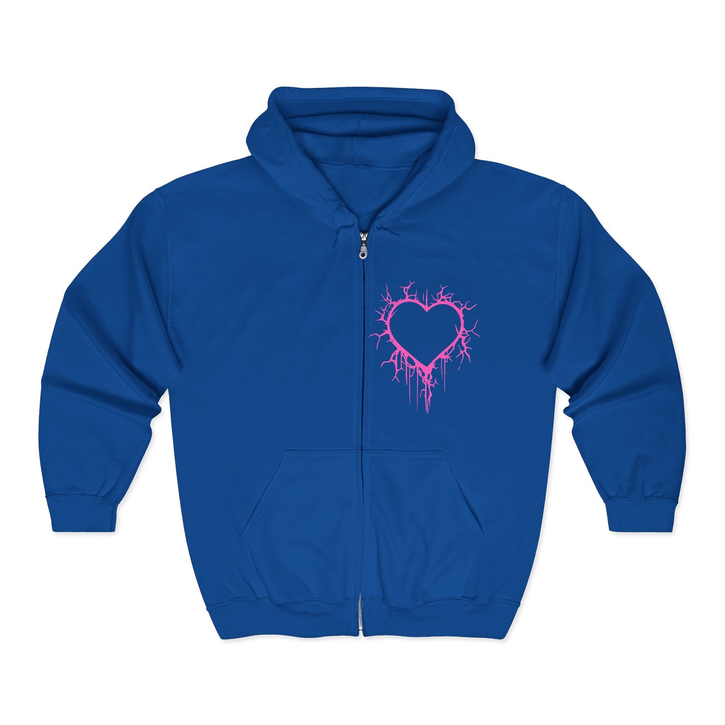 Lightning-Cracked Hollow Heart Zip Hoodie — Alternative/Goth/Punk Bleeding Heart Full‑Zip Sweatshirt in Electric Pink (The Only Hearts Collection)