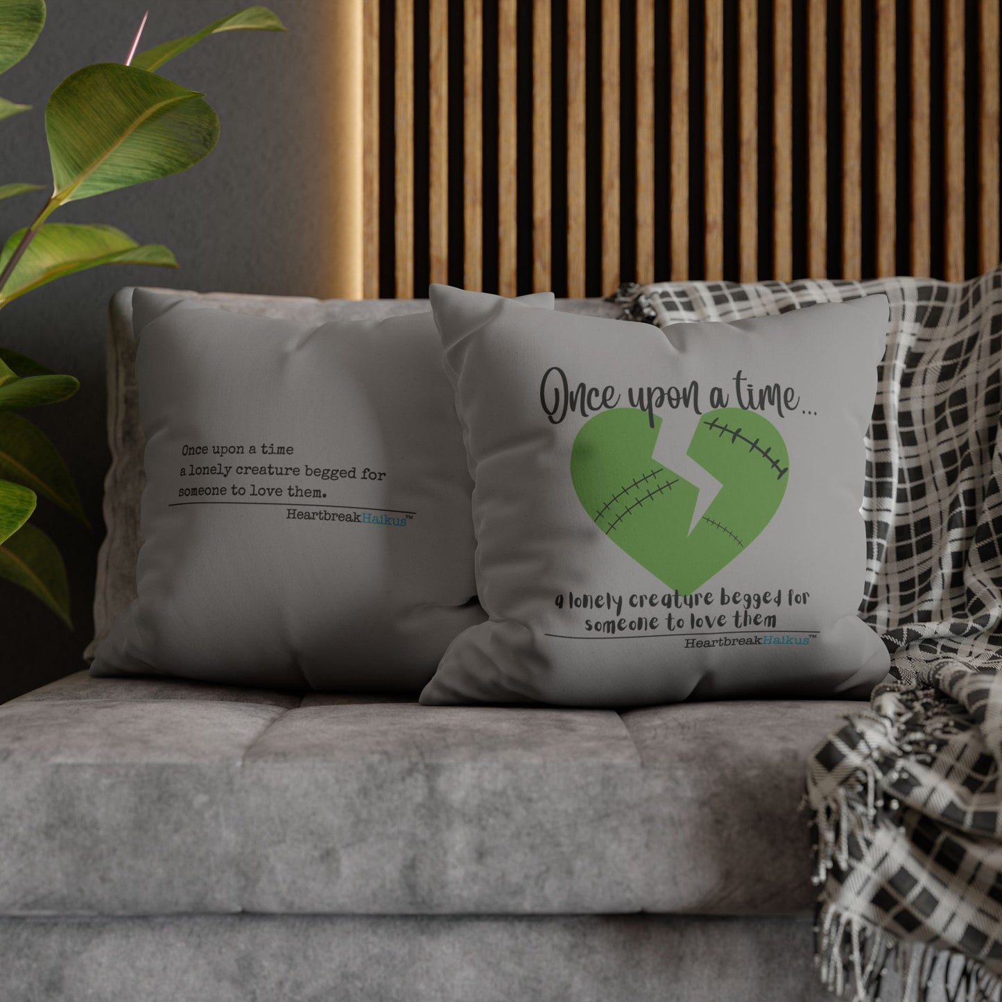 A Lonely Creature Begged Frankenstein Haiku - Faux Suede Square Pillowcase (in Stone Grey)