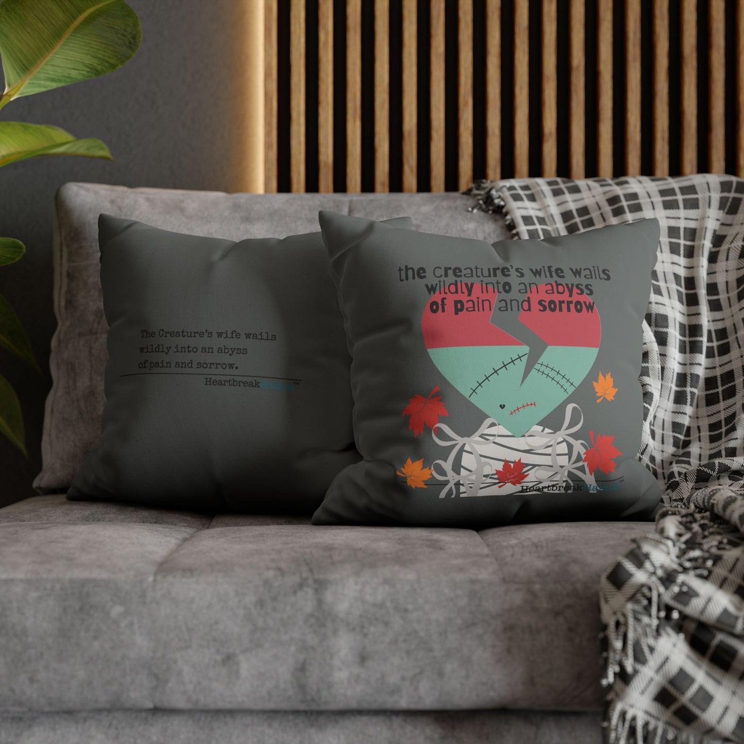 The Creature's Wife Wails Frankenstein Haiku - Faux Suede Square Pillowcase (in Moody Grey) - Frankenstein 2025 Makeover