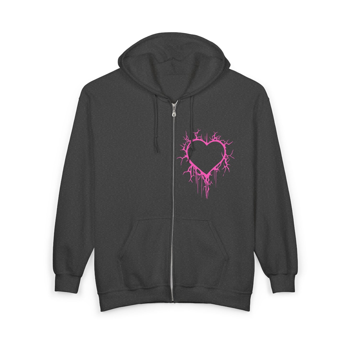 Lightning-Cracked Hollow Heart Zip Hoodie — Alternative/Goth/Punk Bleeding Heart Full‑Zip Sweatshirt in Electric Pink (The Only Hearts Collection)