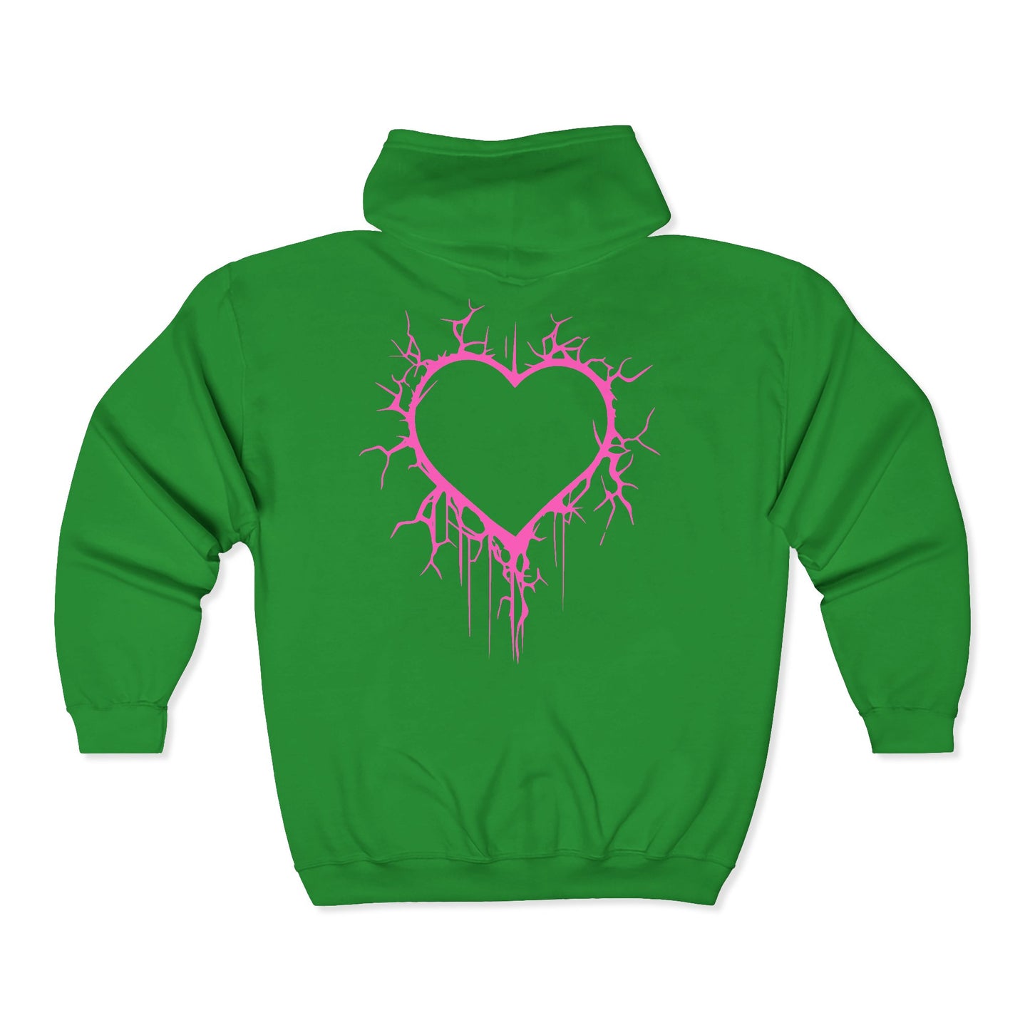 Lightning-Cracked Hollow Heart Zip Hoodie — Alternative/Goth/Punk Bleeding Heart Full‑Zip Sweatshirt in Electric Pink (The Only Hearts Collection)