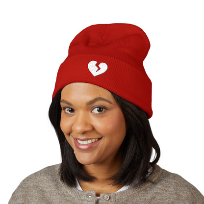 Embroidered Broken Heart Cuffed Beanie — White-Heart Minimalist Knit Hat